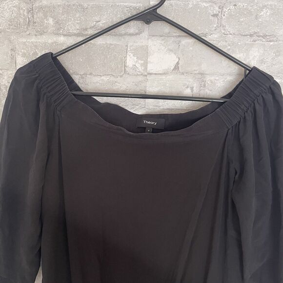 Theory Silk Jumpsuit Puff Sleeve Wide Leg Off The Shoulder Charcoal Women's Sz 4 - Picture 3 of 11